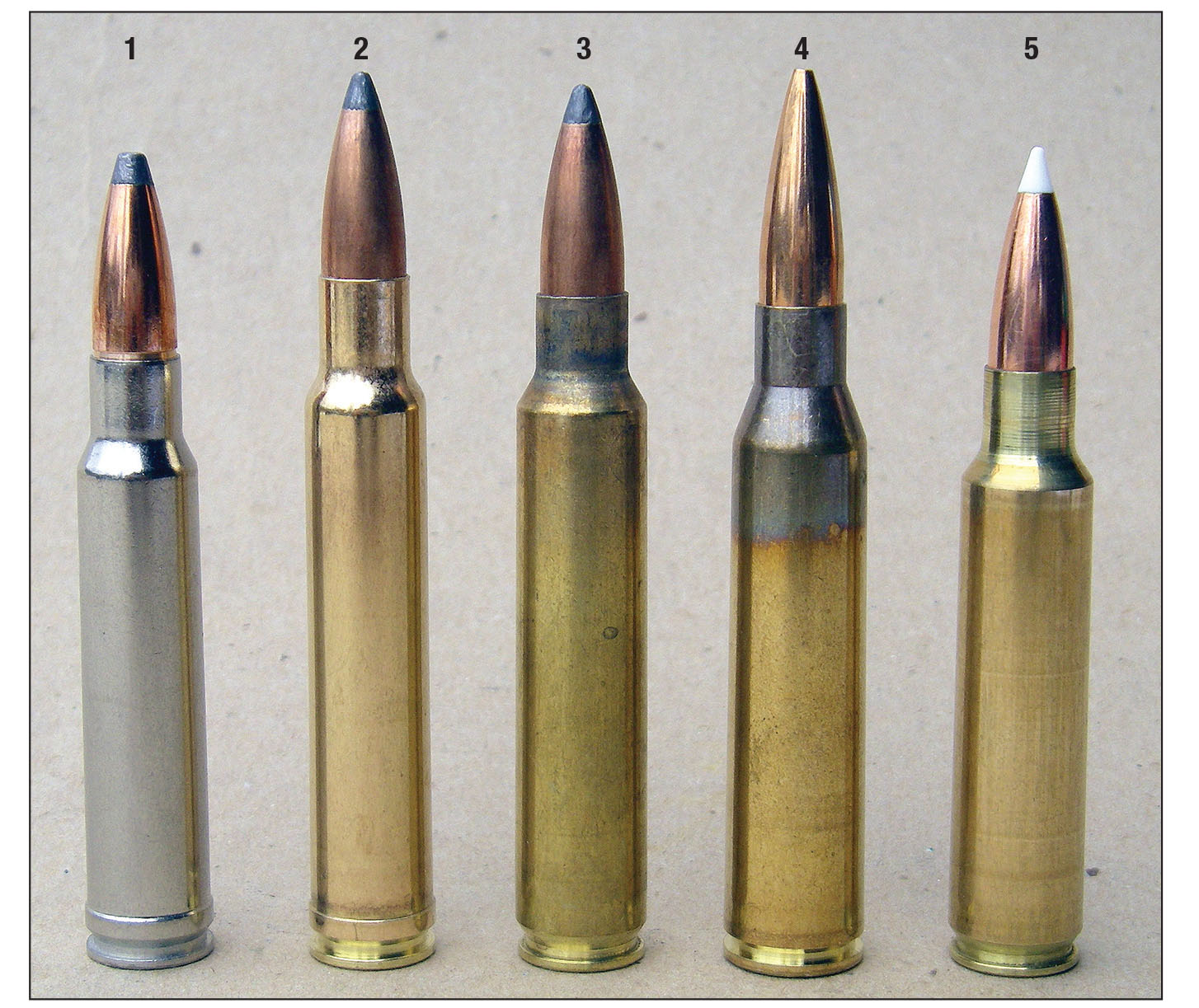 Big-game cartridges in .338 caliber have become popular, including the (1) .338 Winchester Magnum, (2) .340 Weatherby Magnum, (3) .338 Remington Ultra Mag, (4) .338 Lapua and (5) .33 Nosler.